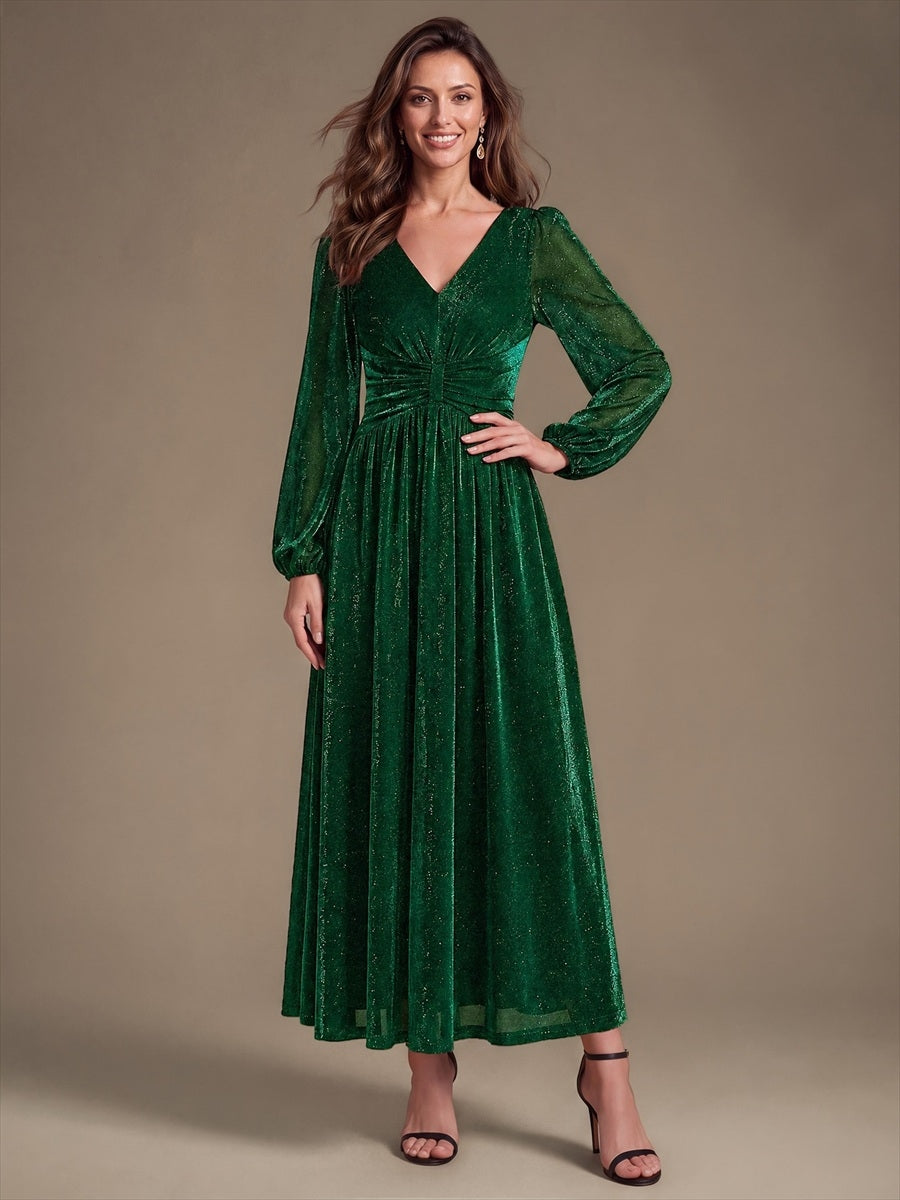 Robe maxi à manches longues en V avec manches bouffantes et coupe évasée en tissu extensible #Couleur_Vert Fonce