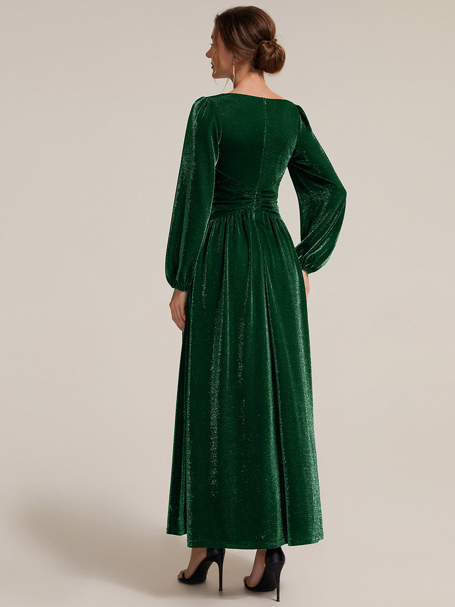 Robe maxi à manches longues en V avec manches bouffantes et coupe évasée en tissu extensible #Couleur_Vert Fonce
