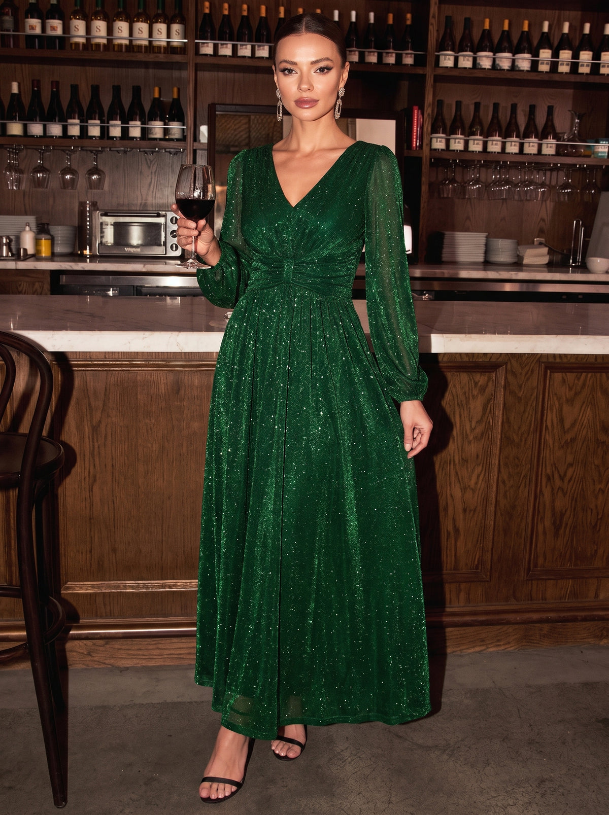 Robe maxi à manches longues en V avec manches bouffantes et coupe évasée en tissu extensible #Couleur_Vert Fonce