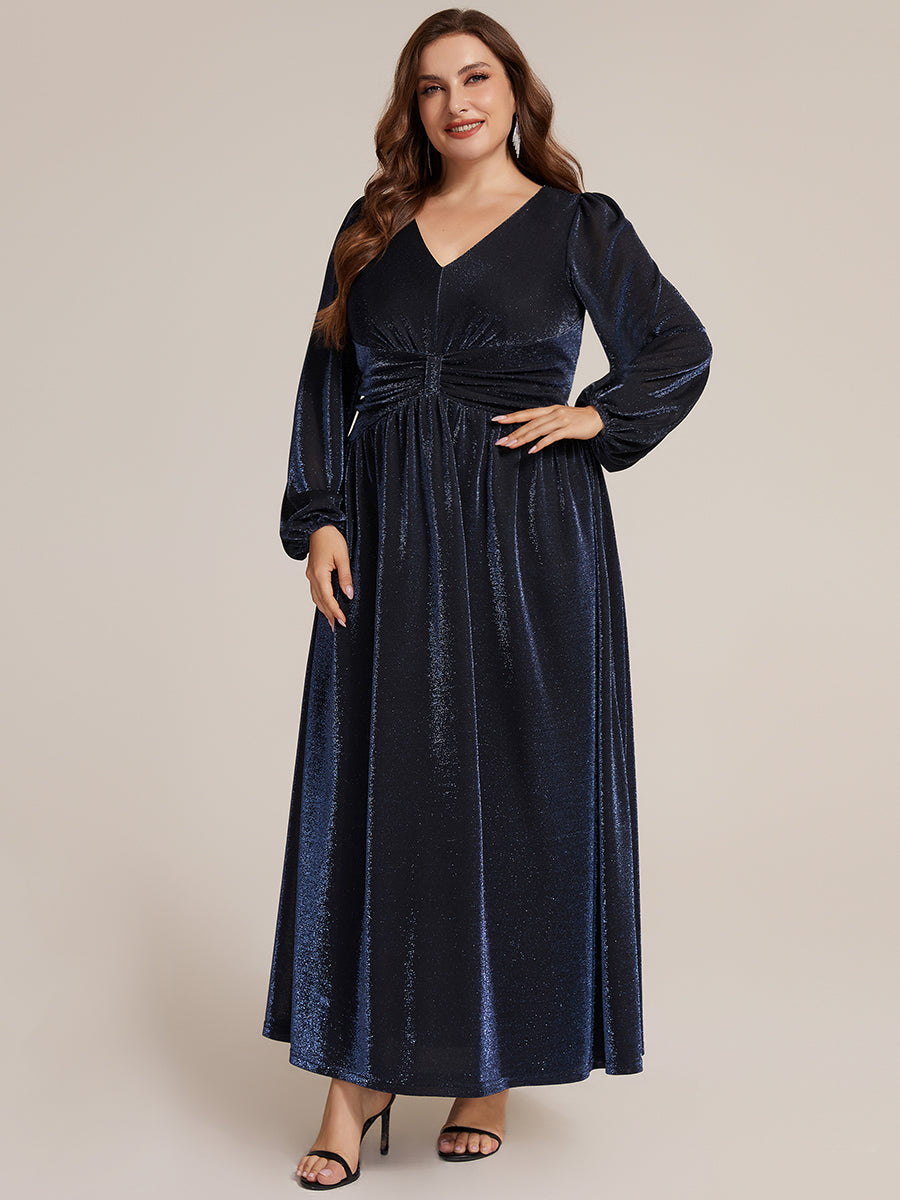 Robe maxi à manches longues en V avec manches bouffantes et coupe évasée en tissu extensible #Couleur_Bleu Marine
