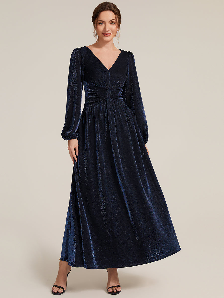 Robe maxi à manches longues en V avec manches bouffantes et coupe évasée en tissu extensible #Couleur_Bleu Marine