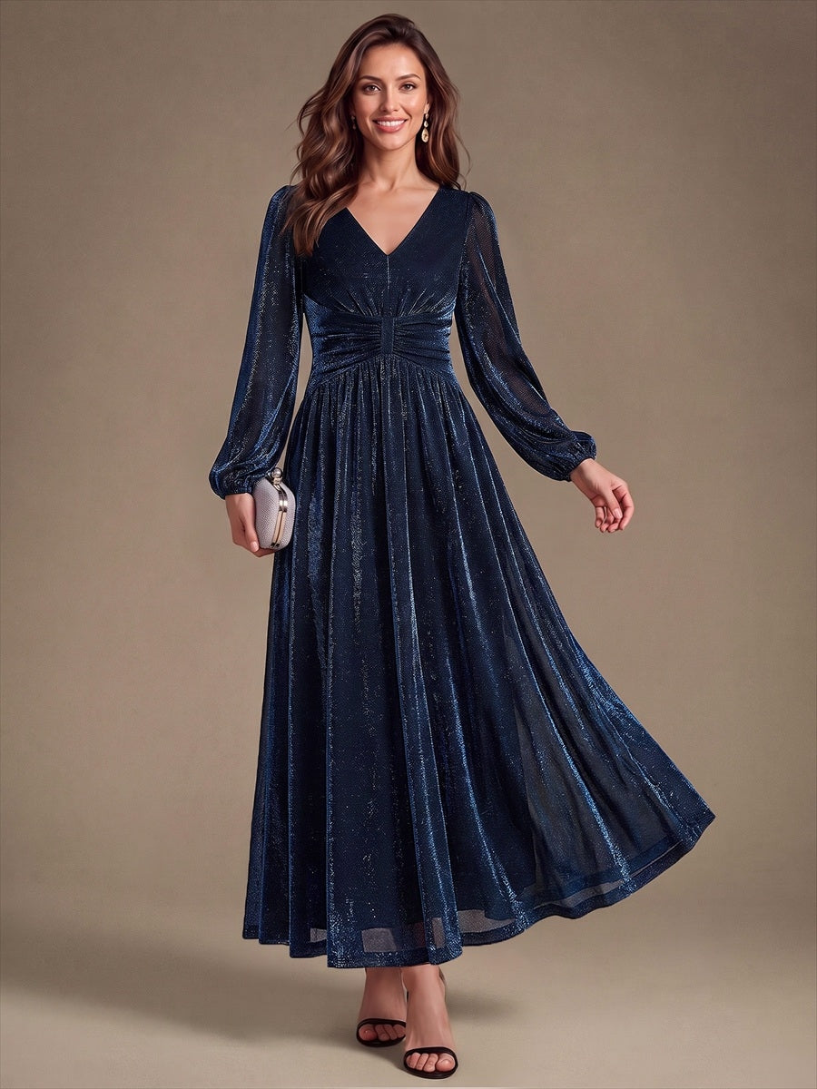 Robe maxi à manches longues en V avec manches bouffantes et coupe évasée en tissu extensible #Couleur_Bleu Marine