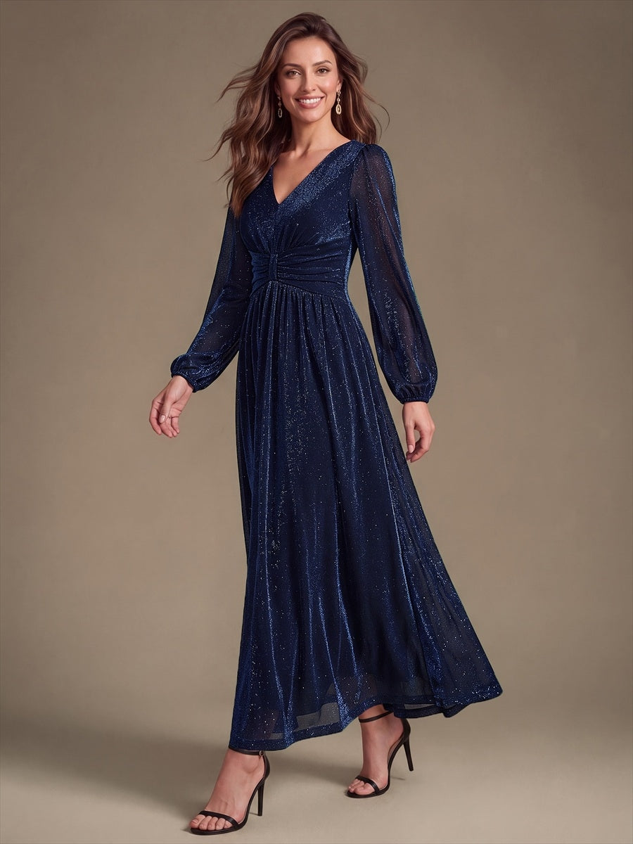 Robe maxi à manches longues en V avec manches bouffantes et coupe évasée en tissu extensible #Couleur_Bleu Marine