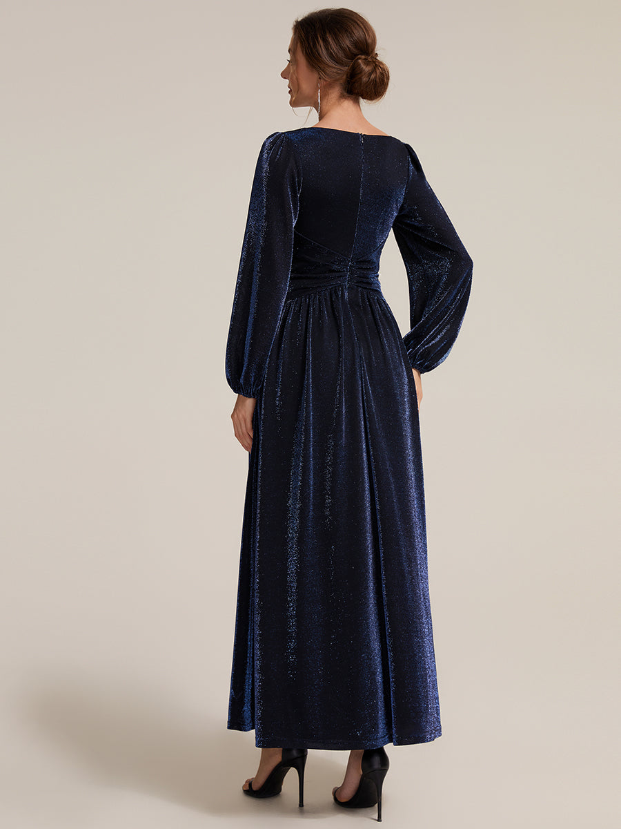 Robe maxi à manches longues en V avec manches bouffantes et coupe évasée en tissu extensible #Couleur_Bleu Marine