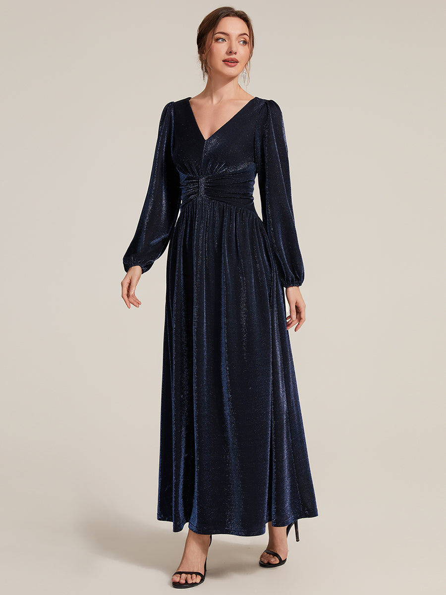 Robe maxi à manches longues en V avec manches bouffantes et coupe évasée en tissu extensible #Couleur_Bleu Marine