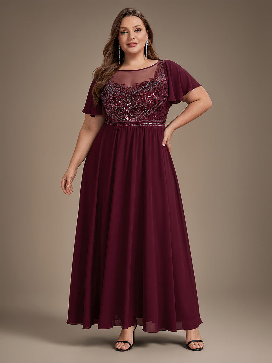 robe maxi à manches courtes en sequins avec volants et col rond #Couleur_Bordeaux