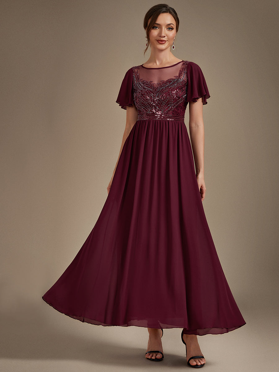 robe maxi à manches courtes en sequins avec volants et col rond #Couleur_Bordeaux
