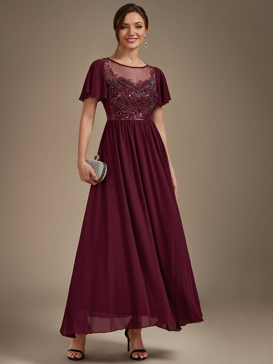 robe maxi à manches courtes en sequins avec volants et col rond #Couleur_Bordeaux