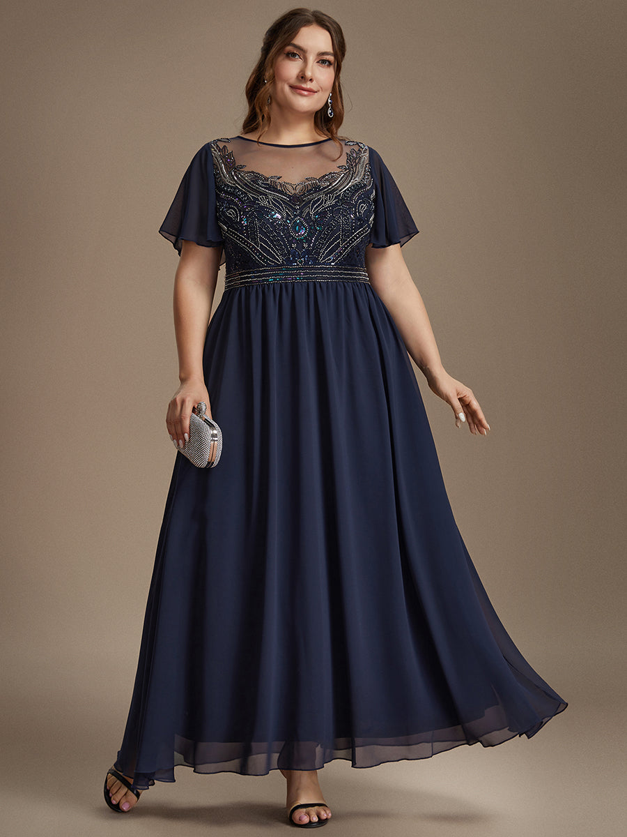 robe maxi à manches courtes en sequins avec volants et col rond #Couleur_Bleu Marine