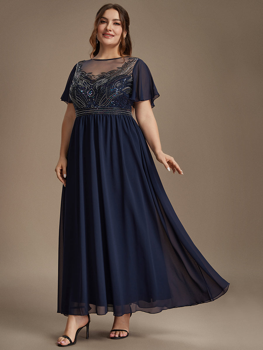 robe maxi à manches courtes en sequins avec volants et col rond #Couleur_Bleu Marine