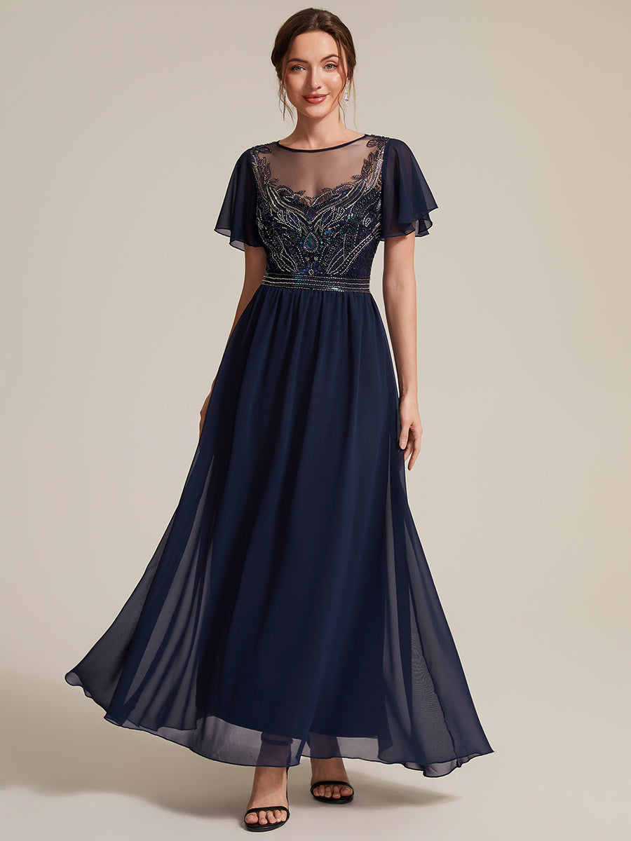 robe maxi à manches courtes en sequins avec volants et col rond #Couleur_Bleu Marine