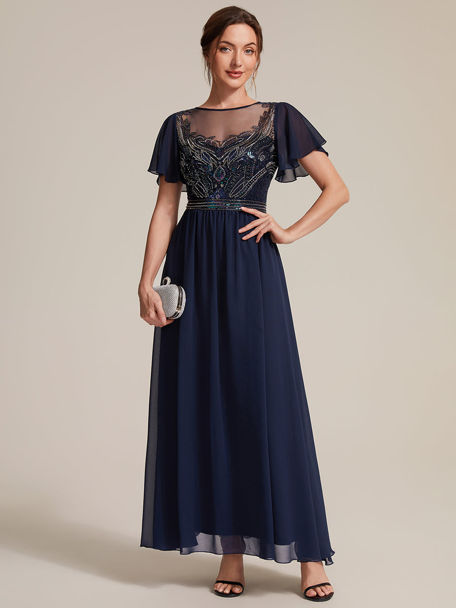robe maxi à manches courtes en sequins avec volants et col rond #Couleur_Bleu Marine