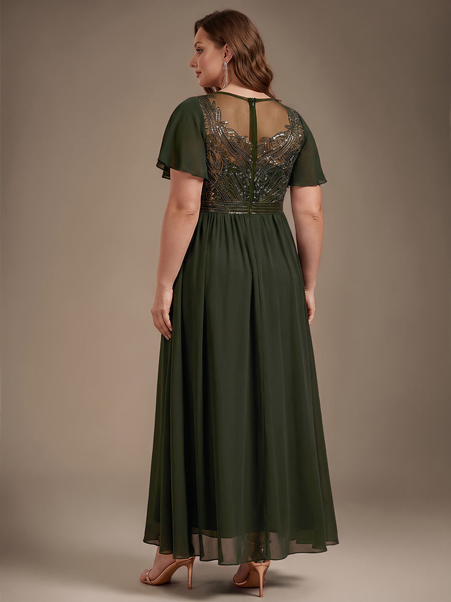 robe maxi à manches courtes en sequins avec volants et col rond #Couleur_Vert Olive
