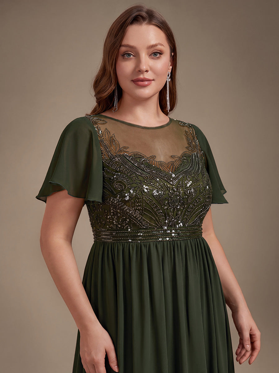 robe maxi à manches courtes en sequins avec volants et col rond #Couleur_Vert Olive