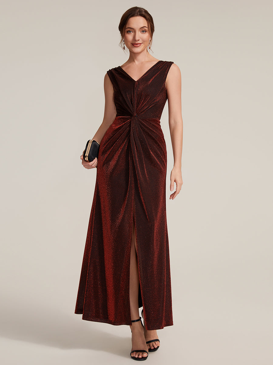 Robe maxi sans manches d¨¦collet¨¦e en V avec d¨¦tail de n?ud et fente #Couleur_Bordeaux