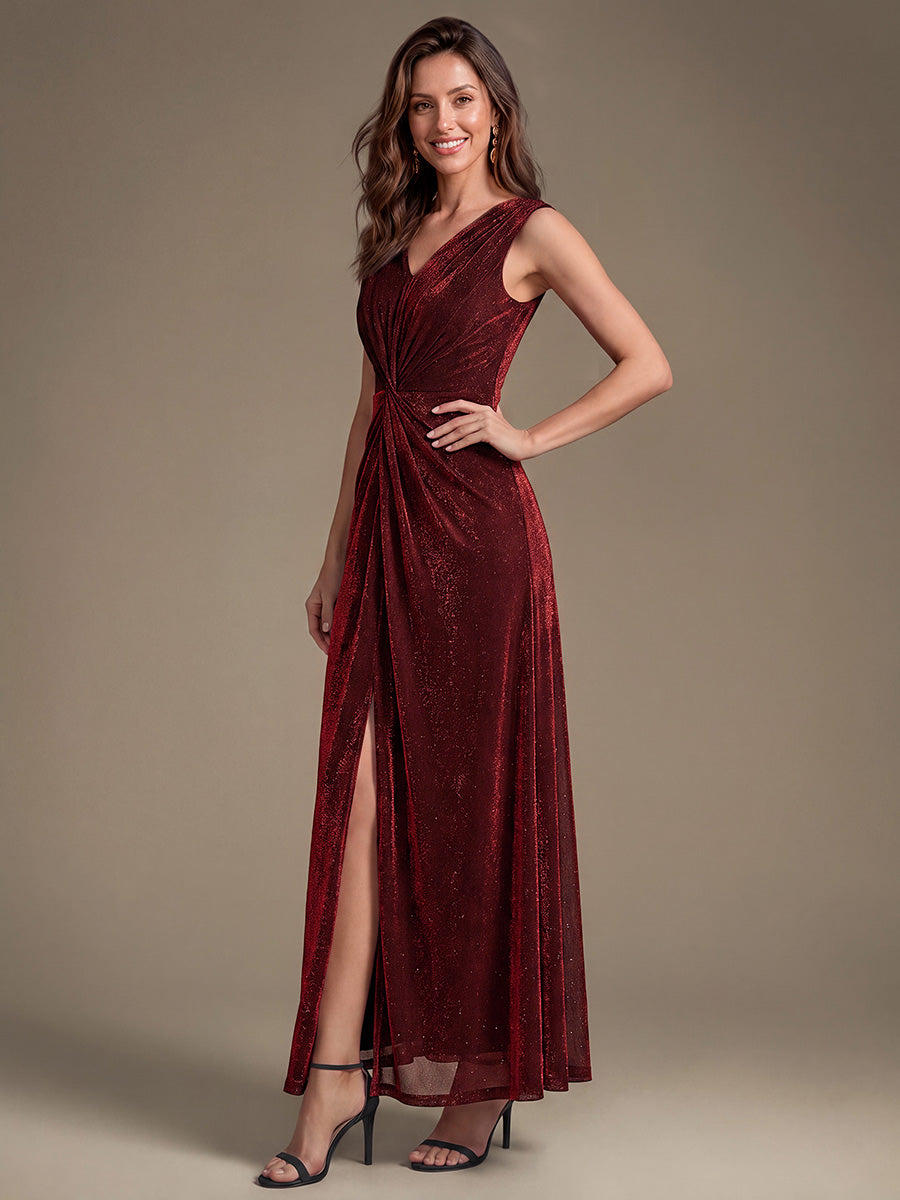Robe maxi sans manches d¨¦collet¨¦e en V avec d¨¦tail de n?ud et fente #Couleur_Bordeaux