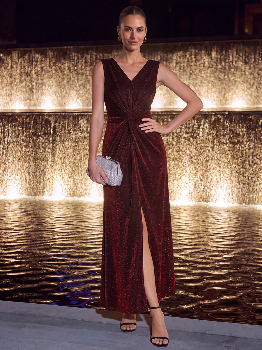Robe maxi sans manches d¨¦collet¨¦e en V avec d¨¦tail de n?ud et fente #Couleur_Bordeaux