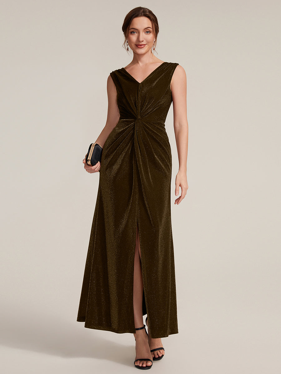 Robe maxi sans manches d¨¦collet¨¦e en V avec d¨¦tail de n?ud et fente #Couleur_Braun