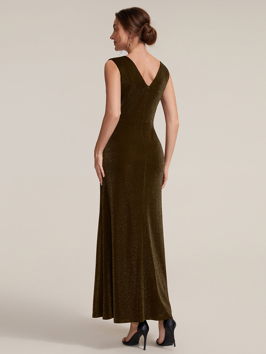 Robe maxi sans manches d¨¦collet¨¦e en V avec d¨¦tail de n?ud et fente #Couleur_Braun