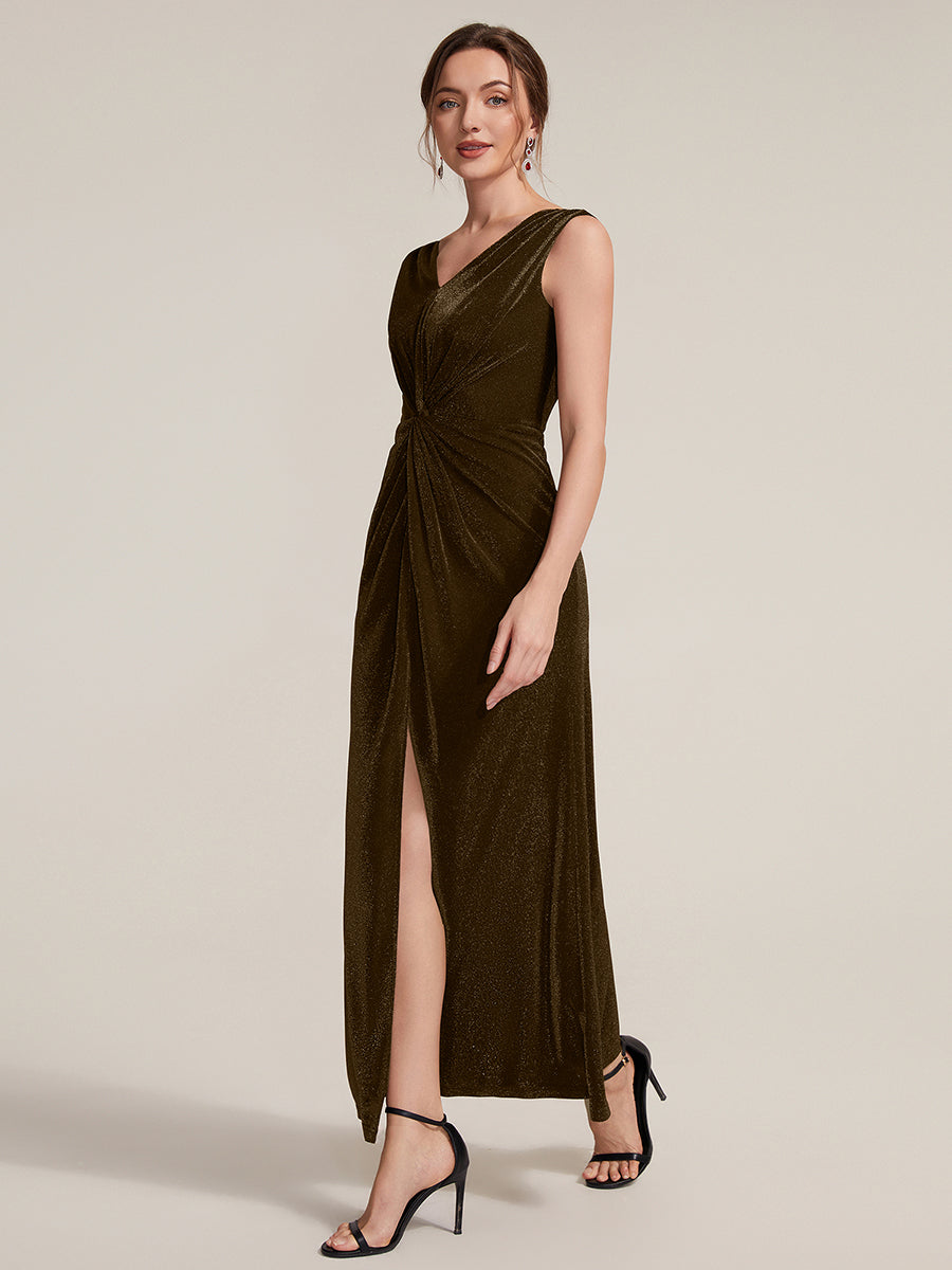 Robe maxi sans manches d¨¦collet¨¦e en V avec d¨¦tail de n?ud et fente #Couleur_Braun