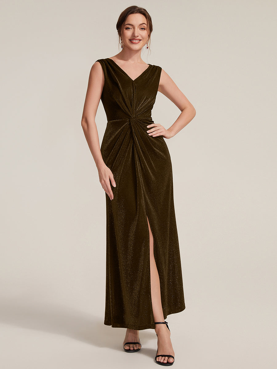 Robe maxi sans manches d¨¦collet¨¦e en V avec d¨¦tail de n?ud et fente #Couleur_Braun