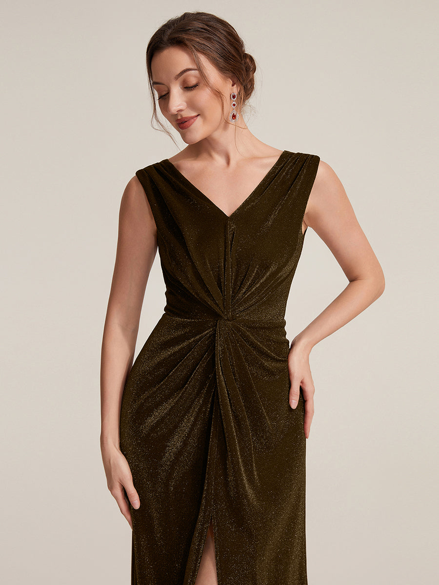 Robe maxi sans manches d¨¦collet¨¦e en V avec d¨¦tail de n?ud et fente #Couleur_Braun