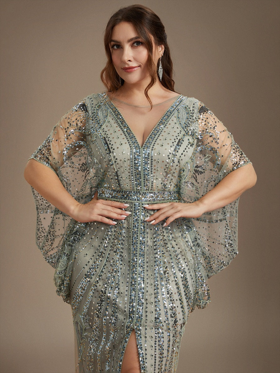 Robe moulante maxi à manches chauve-souris et col rond avec détails en perles transparentes #Couleur_Menthe Verte