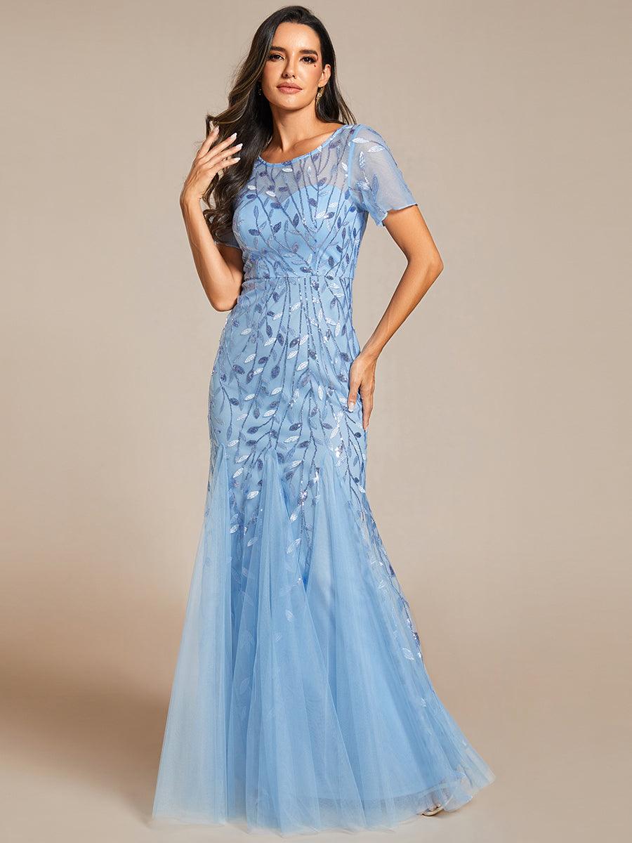 Robes de soirée Longues Sirène en Tulle à Imprimé Floral et Paillettes #Couleur_Bleu Ciel