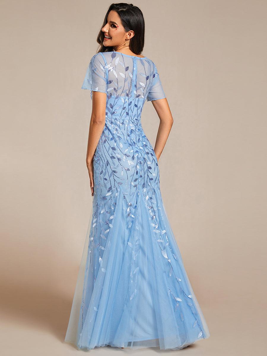 Robes de soirée Longues Sirène en Tulle à Imprimé Floral et Paillettes #Couleur_Bleu Ciel