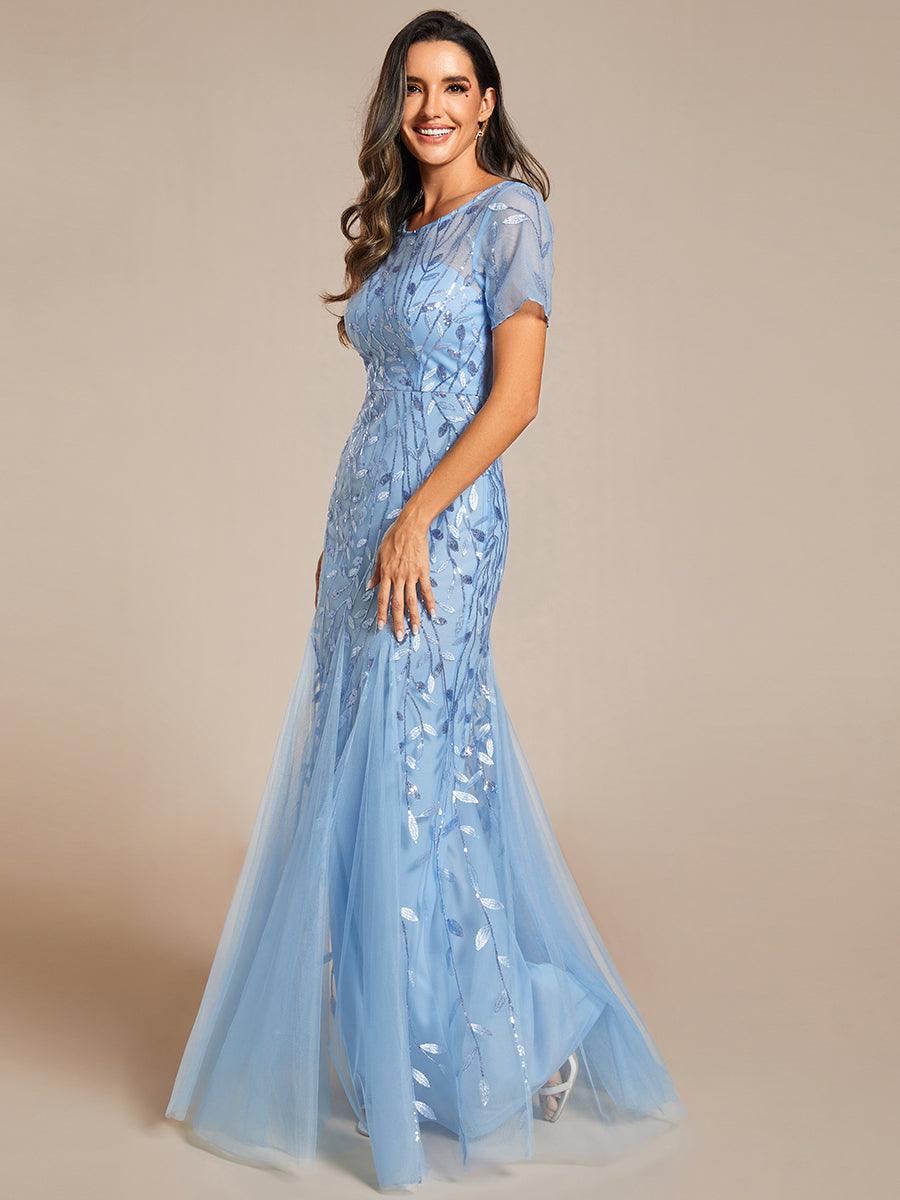 Robes de soirée Longues Sirène en Tulle à Imprimé Floral et Paillettes #Couleur_Bleu Ciel