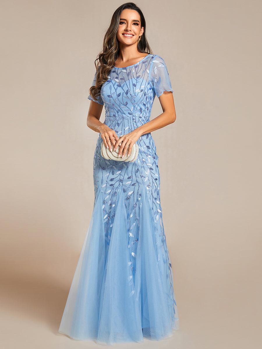Robes de soirée Longues Sirène en Tulle à Imprimé Floral et Paillettes #Couleur_Bleu Ciel