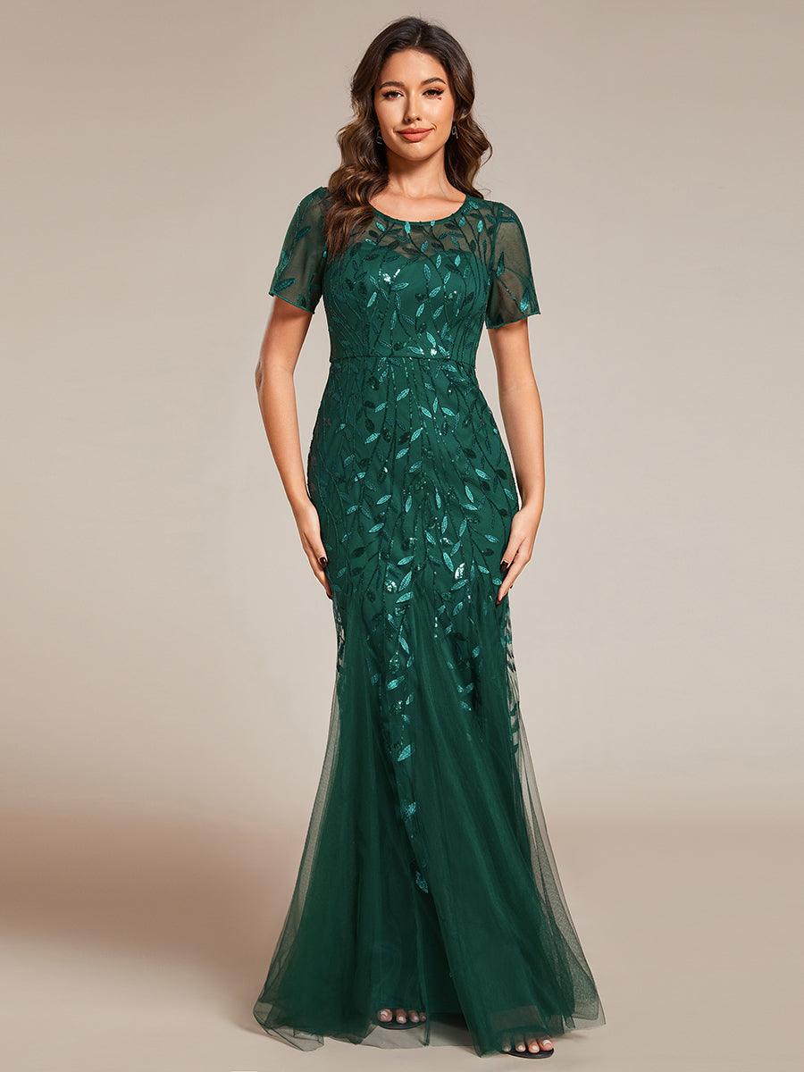 Robes de soirée Longues Sirène en Tulle à Imprimé Floral et Paillettes #Couleur_Vert Fonce