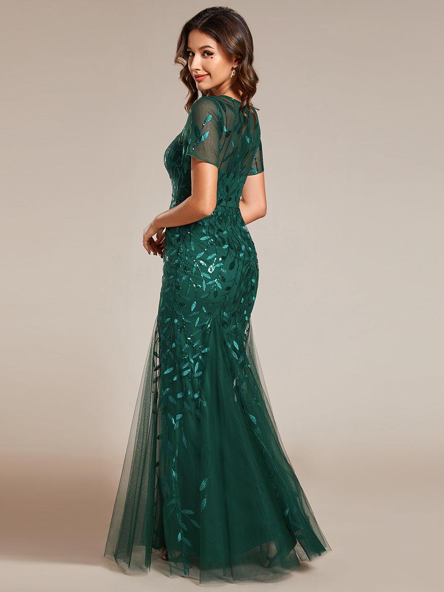 Robes de soirée Longues Sirène en Tulle à Imprimé Floral et Paillettes #Couleur_Vert Fonce