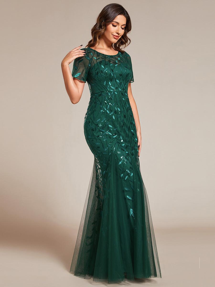 Robes de soirée Longues Sirène en Tulle à Imprimé Floral et Paillettes #Couleur_Vert Fonce