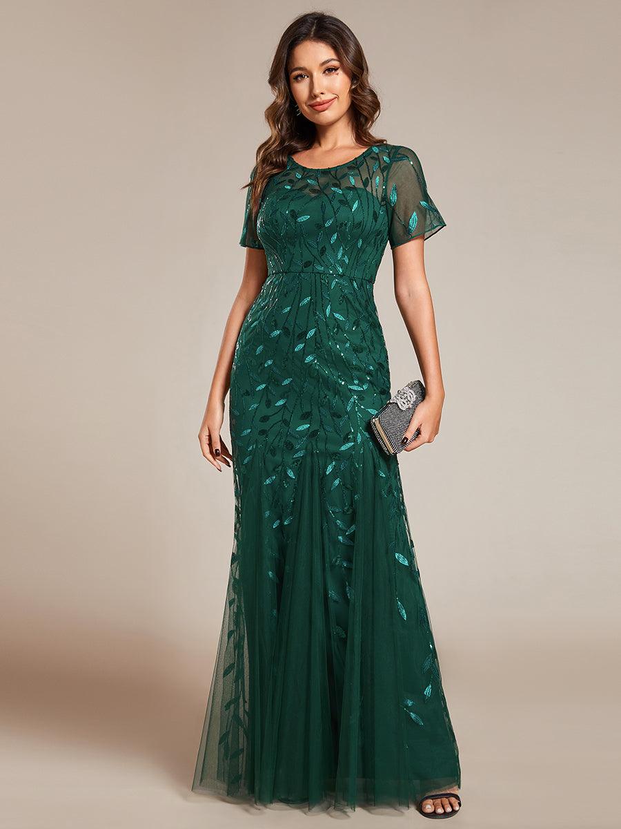 Robes de soirée Longues Sirène en Tulle à Imprimé Floral et Paillettes #Couleur_Vert Fonce