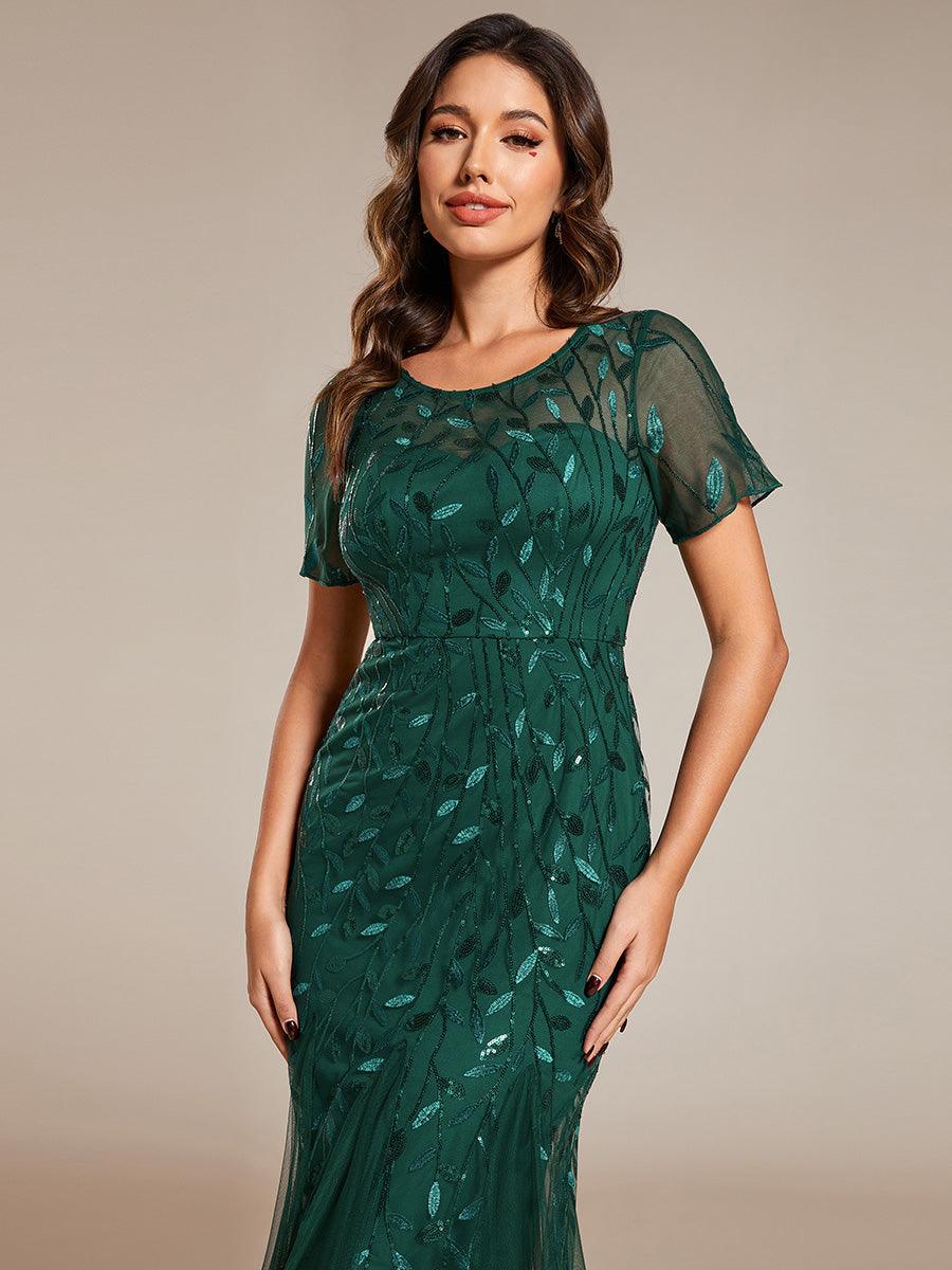 Robes de soirée Longues Sirène en Tulle à Imprimé Floral et Paillettes #Couleur_Vert Fonce