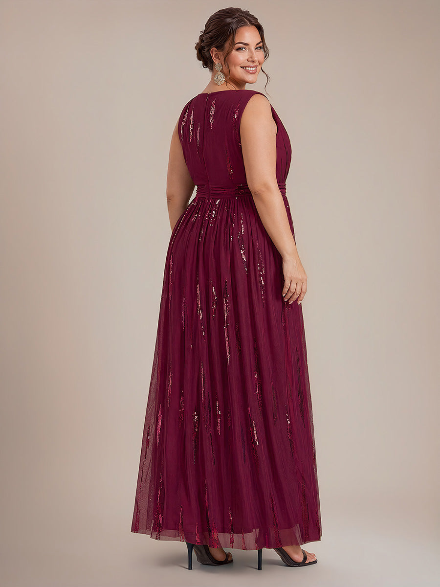 Robe A-Line sans manches en V maxi en sequins avec tissu extensible #Couleur_Bordeaux