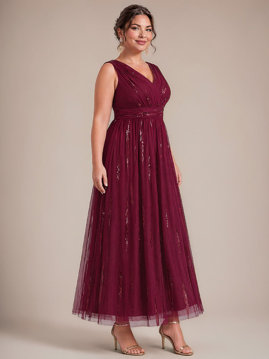 Robe A-Line sans manches en V maxi en sequins avec tissu extensible #Couleur_Bordeaux