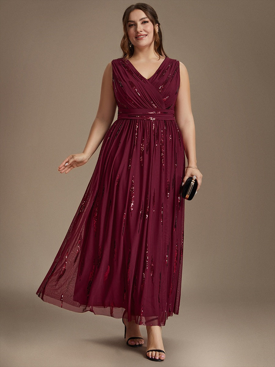 Robe A-Line sans manches en V maxi en sequins avec tissu extensible #Couleur_Bordeaux