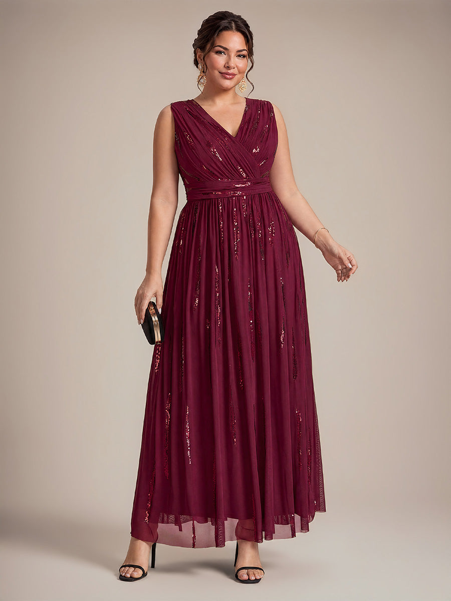 Robe A-Line sans manches en V maxi en sequins avec tissu extensible #Couleur_Bordeaux