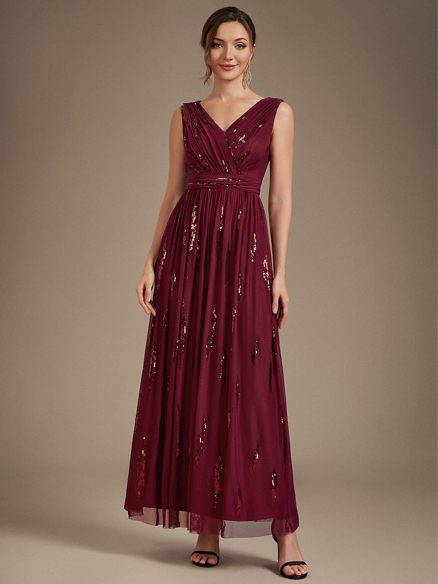 Robe A-Line sans manches en V maxi en sequins avec tissu extensible #Couleur_Bordeaux