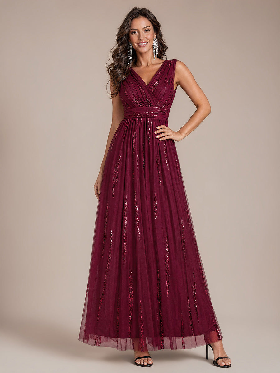 Robe A-Line sans manches en V maxi en sequins avec tissu extensible #Couleur_Bordeaux