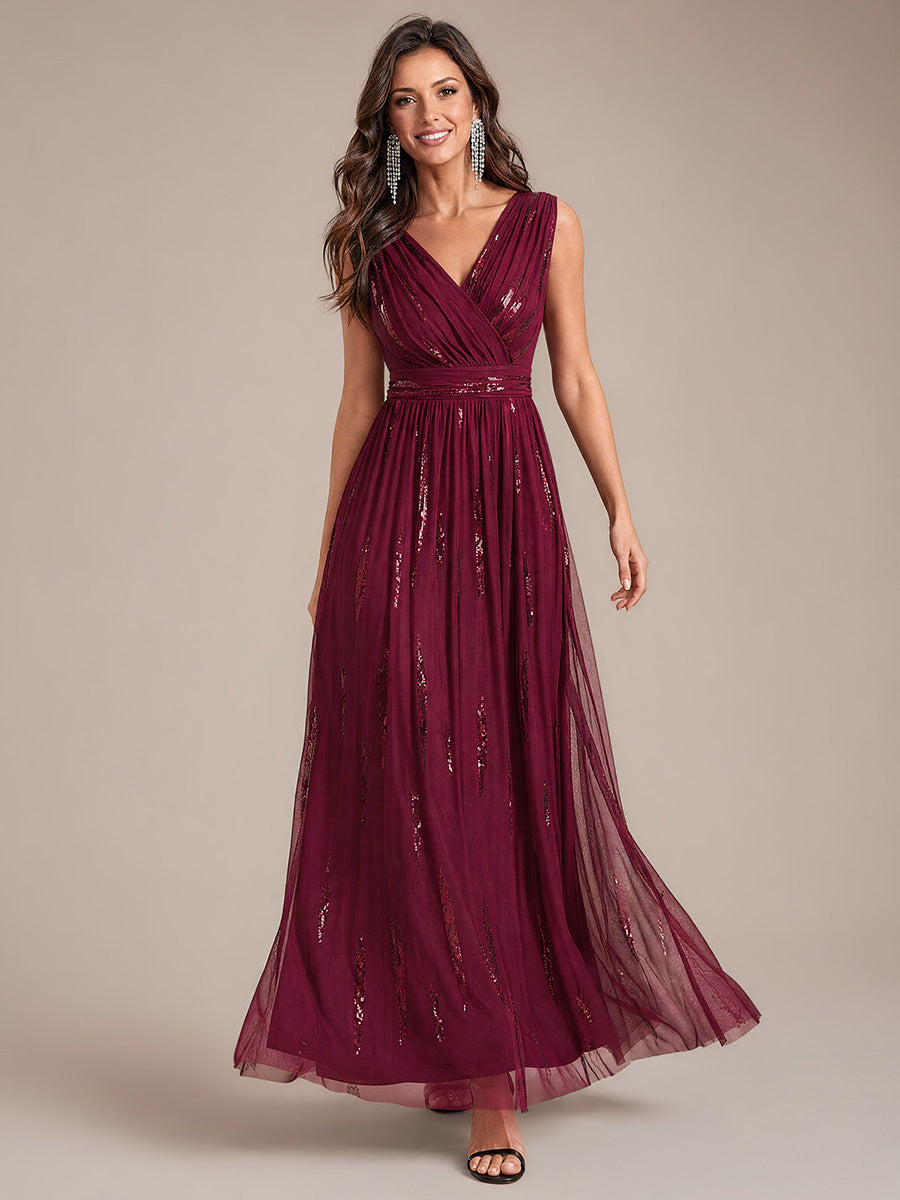 Robe A-Line sans manches en V maxi en sequins avec tissu extensible #Couleur_Bordeaux