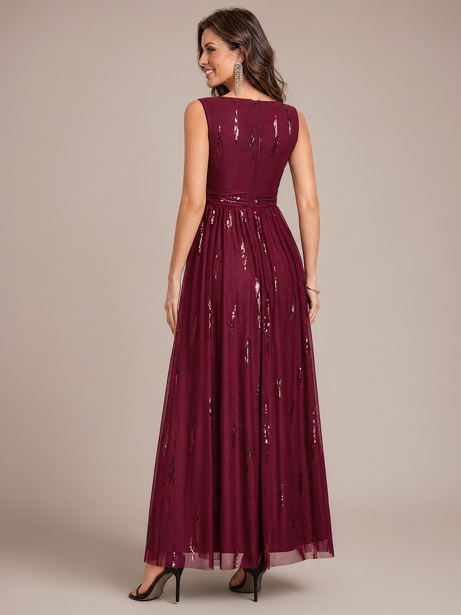 Robe A-Line sans manches en V maxi en sequins avec tissu extensible #Couleur_Bordeaux