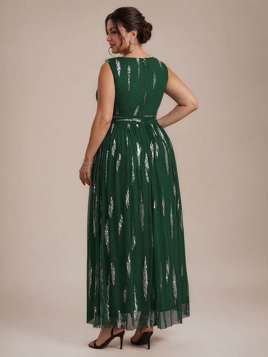 Robe A-Line sans manches en V maxi en sequins avec tissu extensible #Couleur_Vert Fonce
