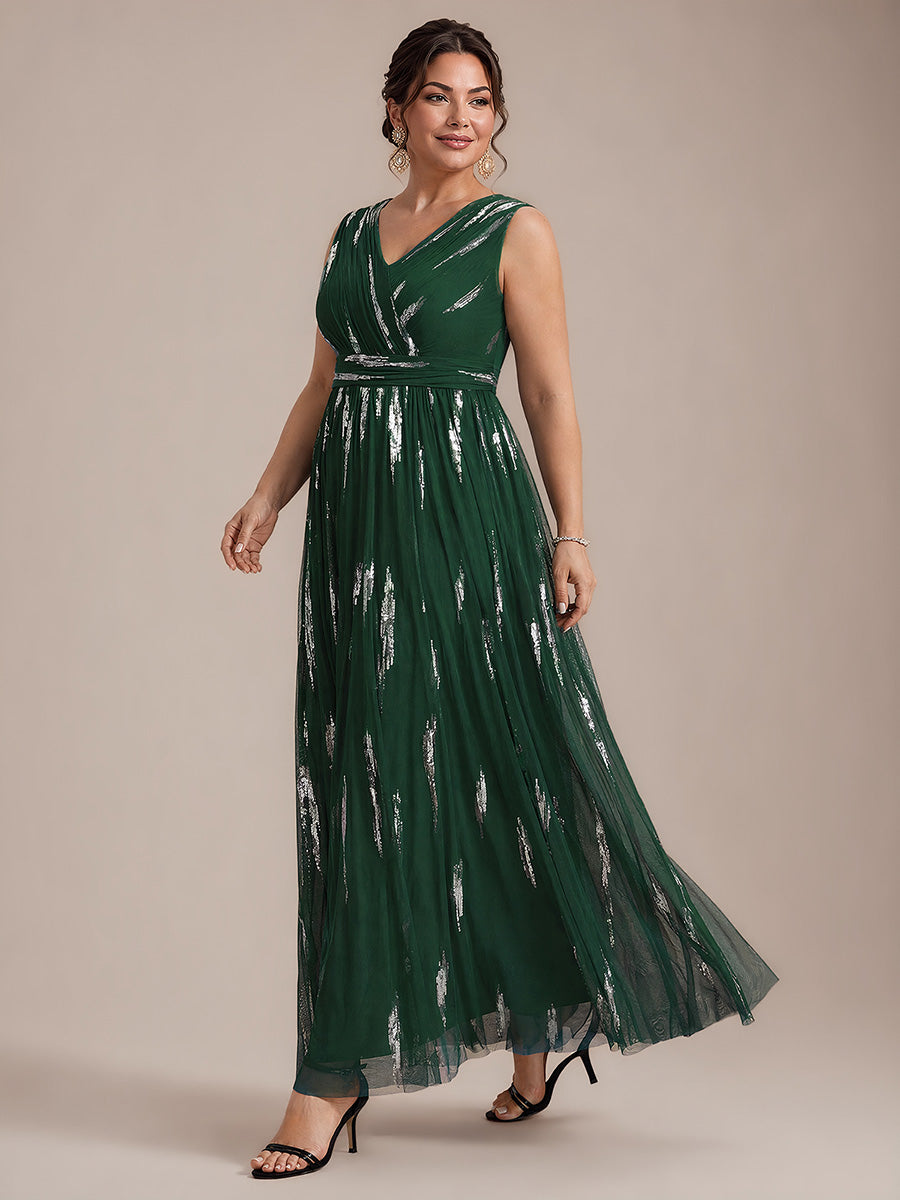 Robe A-Line sans manches en V maxi en sequins avec tissu extensible #Couleur_Vert Fonce