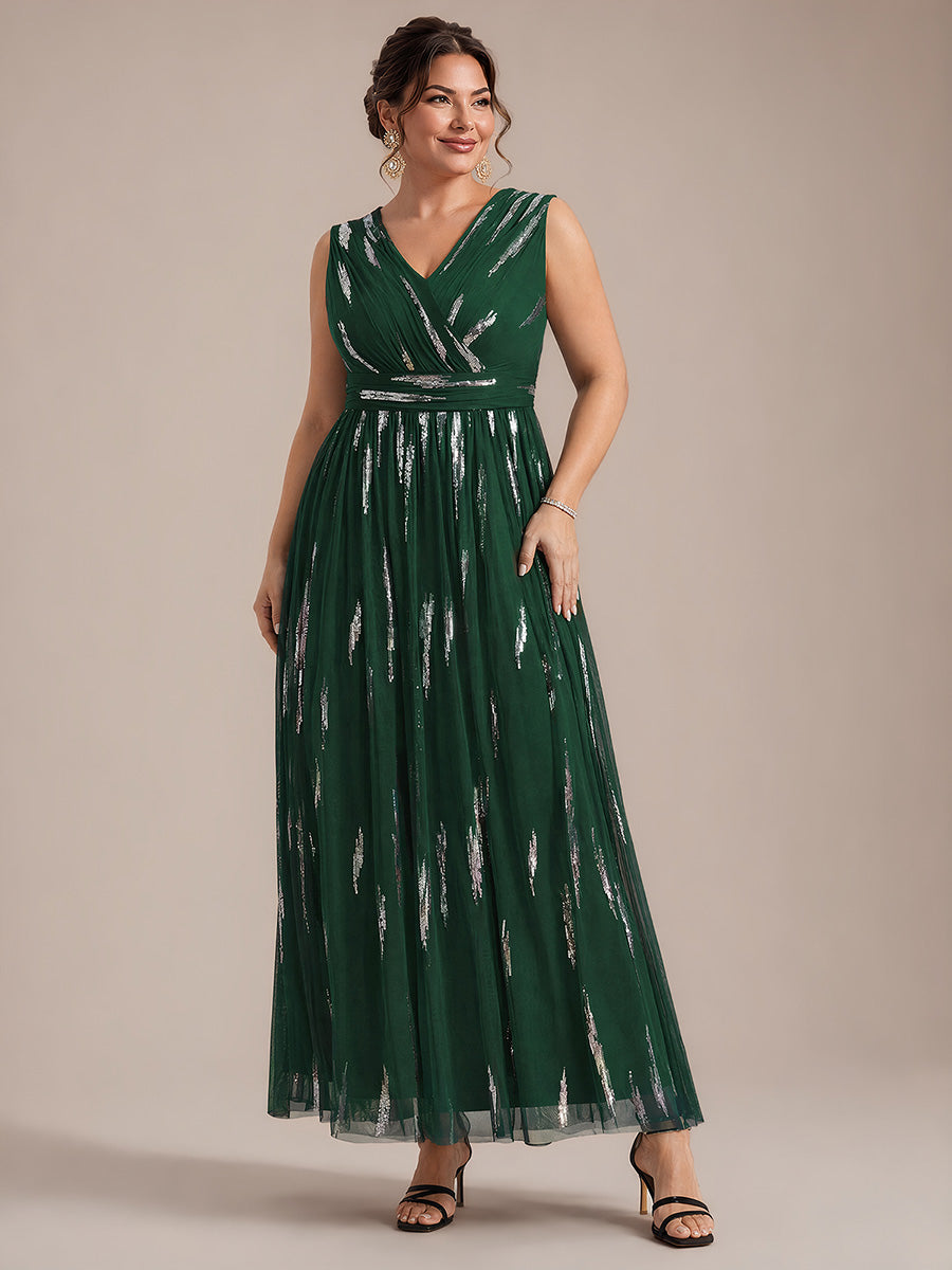 Robe A-Line sans manches en V maxi en sequins avec tissu extensible #Couleur_Vert Fonce