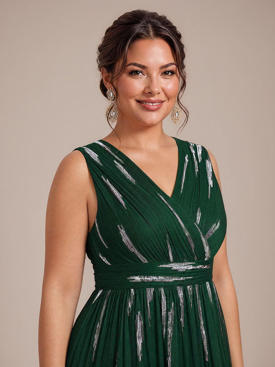 Robe A-Line sans manches en V maxi en sequins avec tissu extensible #Couleur_Vert Fonce