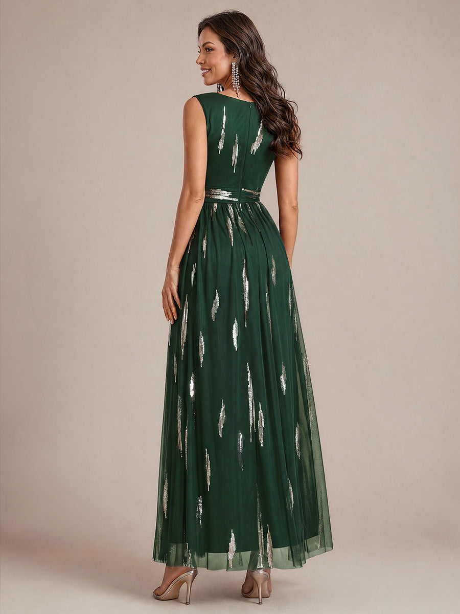 Robe A-Line sans manches en V maxi en sequins avec tissu extensible #Couleur_Vert Fonce