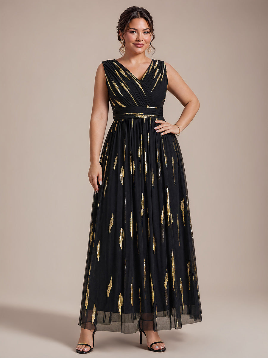 Robe A-Line sans manches en V maxi en sequins avec tissu extensible #Couleur_Noir / Or métallique